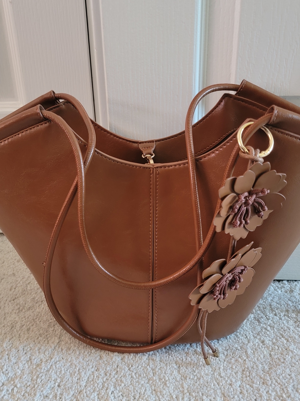 Madison West Women's Brown Floral Charm Tote Bag